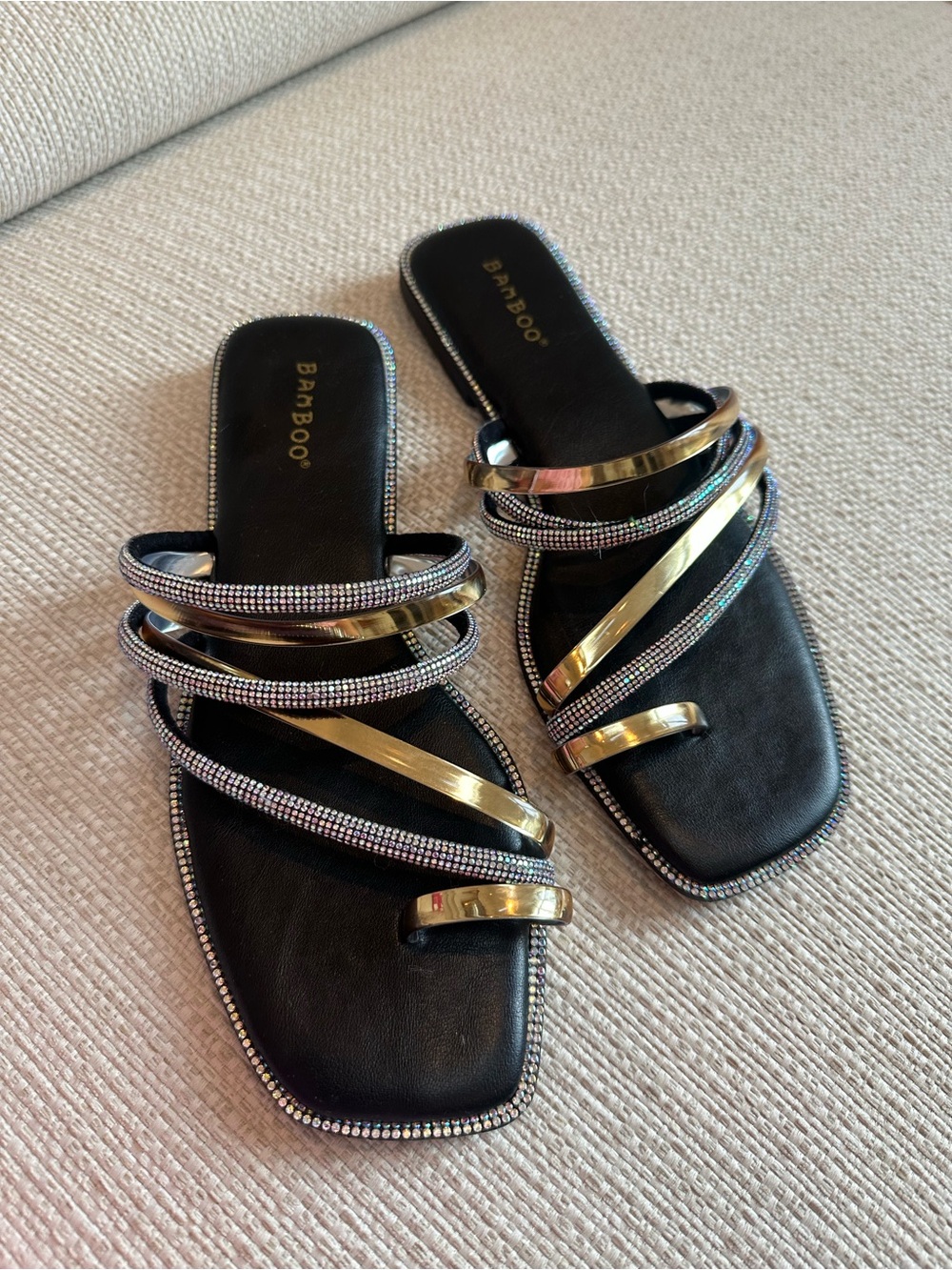 BAMBOO Black Slide Sandals with Gold Metallic Straps